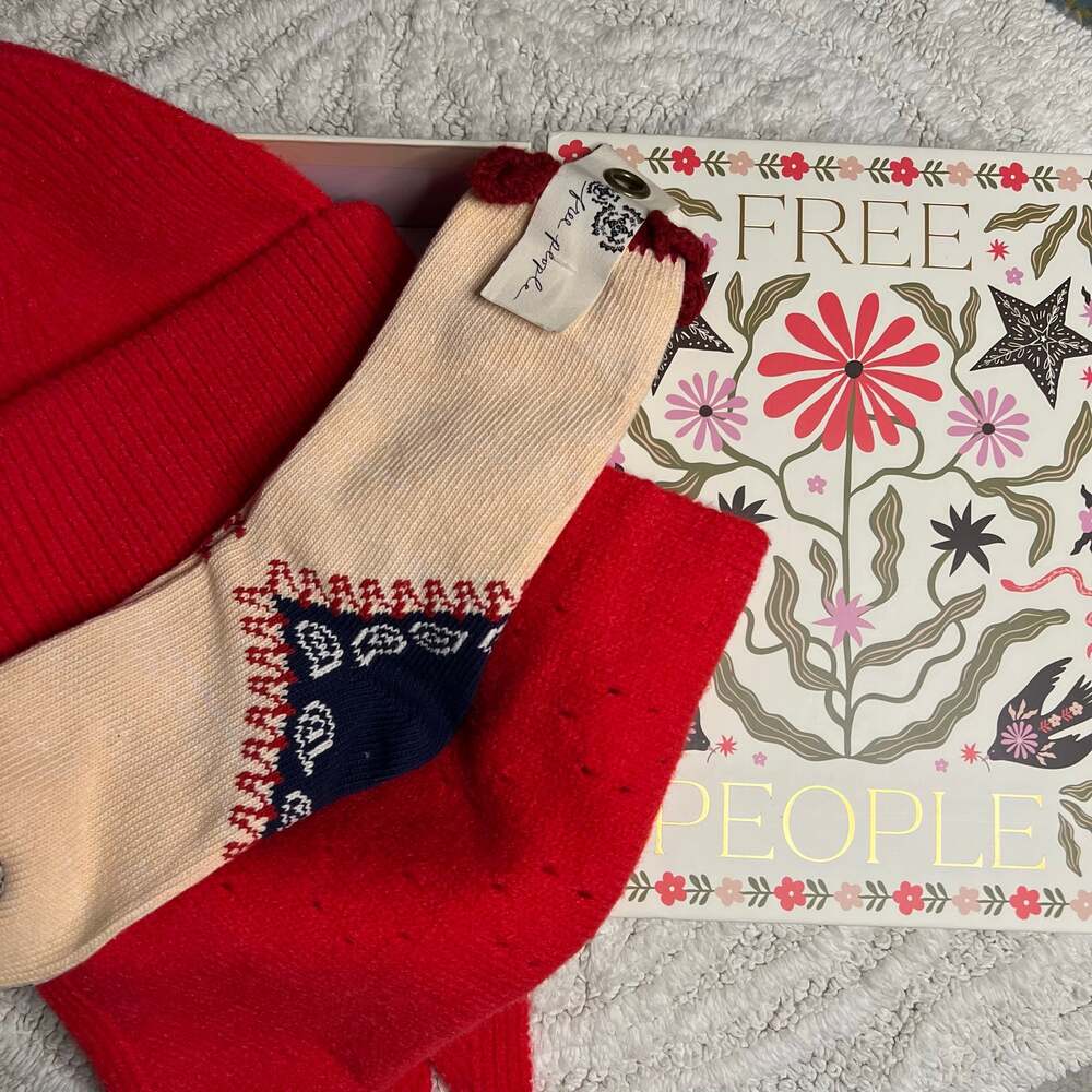 Merry Free People Bundle in Red Beanie Hat, Neckerchief Scarf & Socks Gift Box - Picture 2 of 14